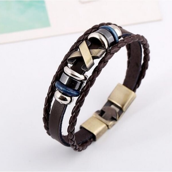 Jewelry - Leather Beaded Stainless Steel Bracelet BROWN